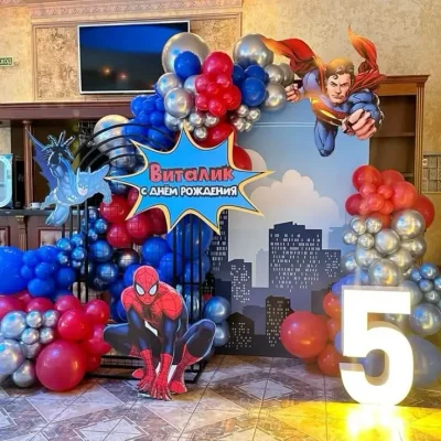 Spiderman Theme 5th birthday balloon Party Decoration setup